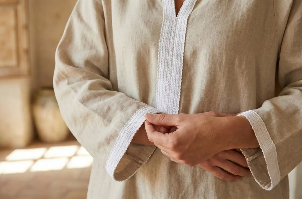 Beige tunica de linho galão savile com bordado branco em puro algodão nobre 80% para uso confortável