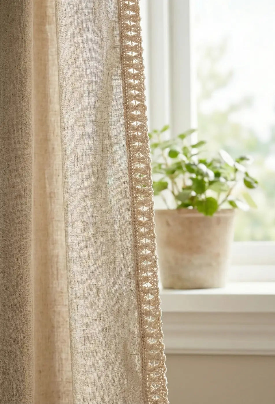 Beige cortina de linho com galão treliça em algodão 100% natural com ponto aberto 30mm l&l