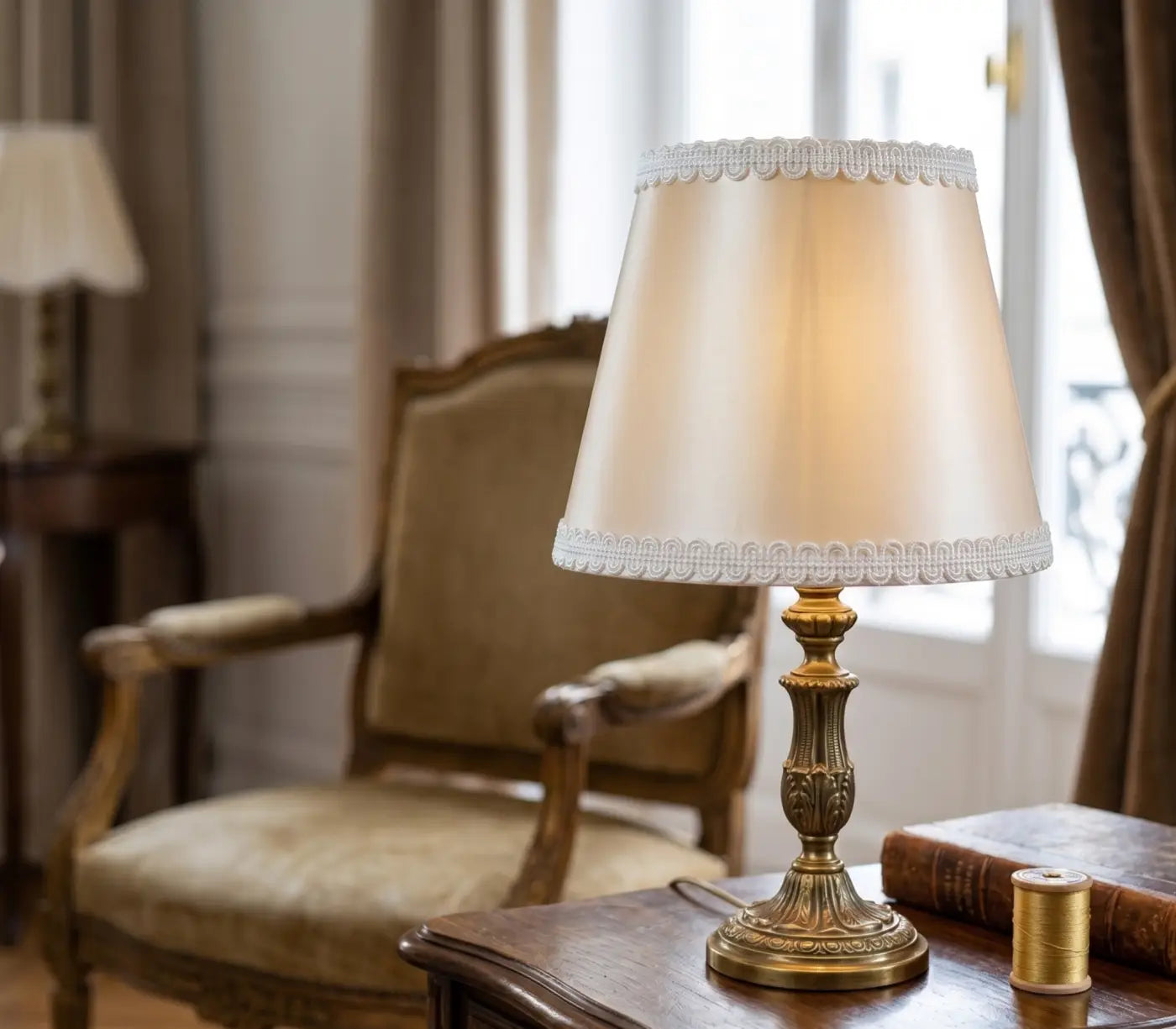 Galão trianon acabamento discreto em abas de cetim creme com renda branca em base de candeeiro de latão ornamentado