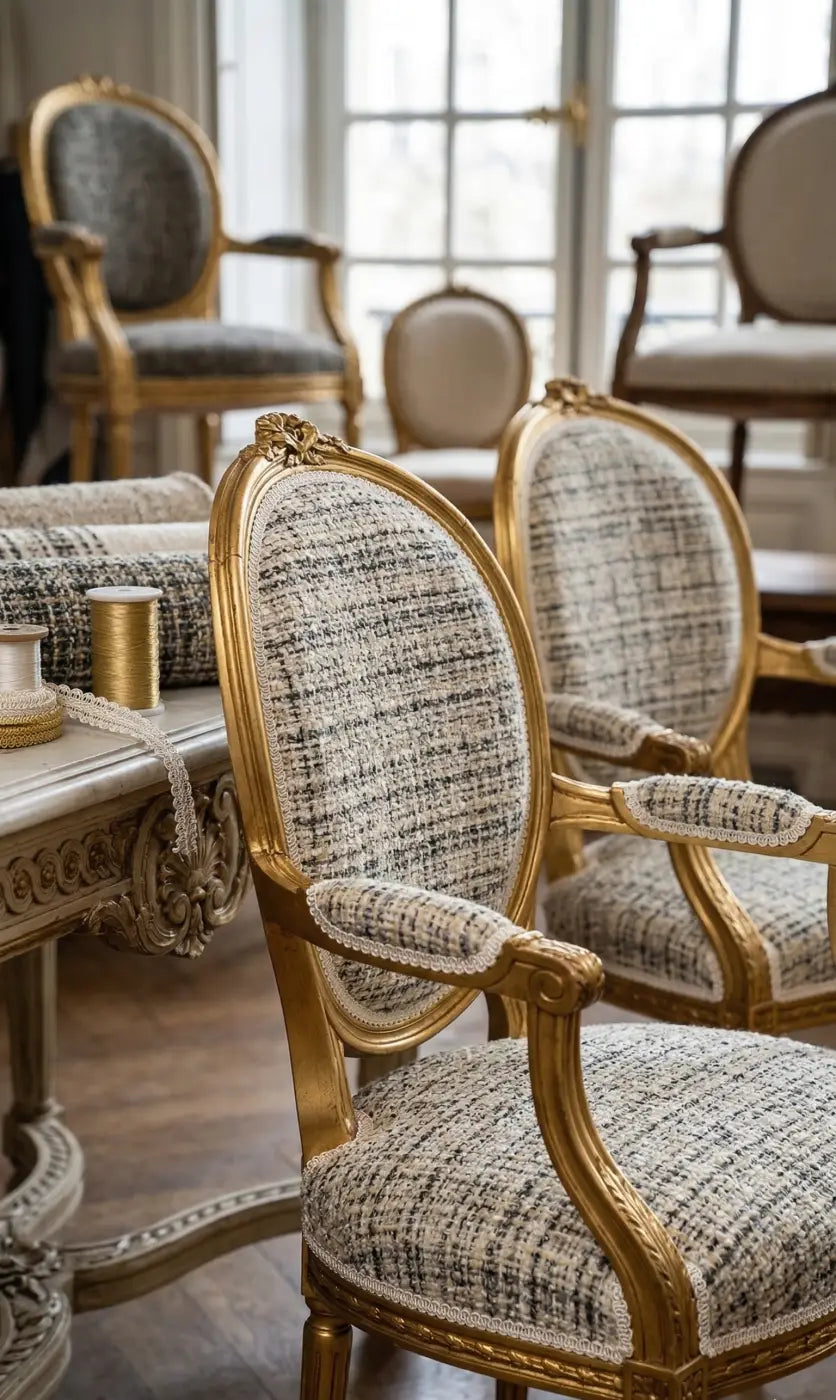 Elegante cadeira de braços dourada galão vendôme com estofado em tweed cinza e branco e acabamento rendado delicado