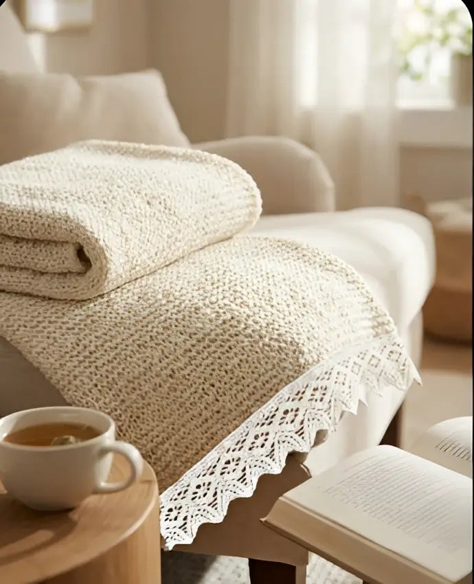 Manta de algodão puro cream com renda arabesco e bico recortado delicado para decoração e conforto