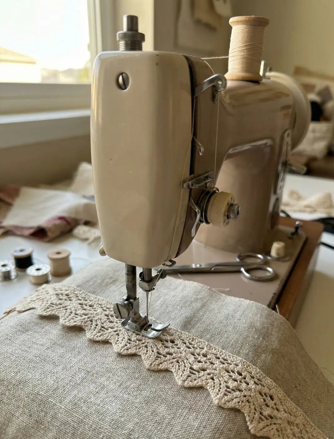 Cream-colored vintage sewing machine with metallic needle sewing renda arabesco algodão puro 50mm bico recortado