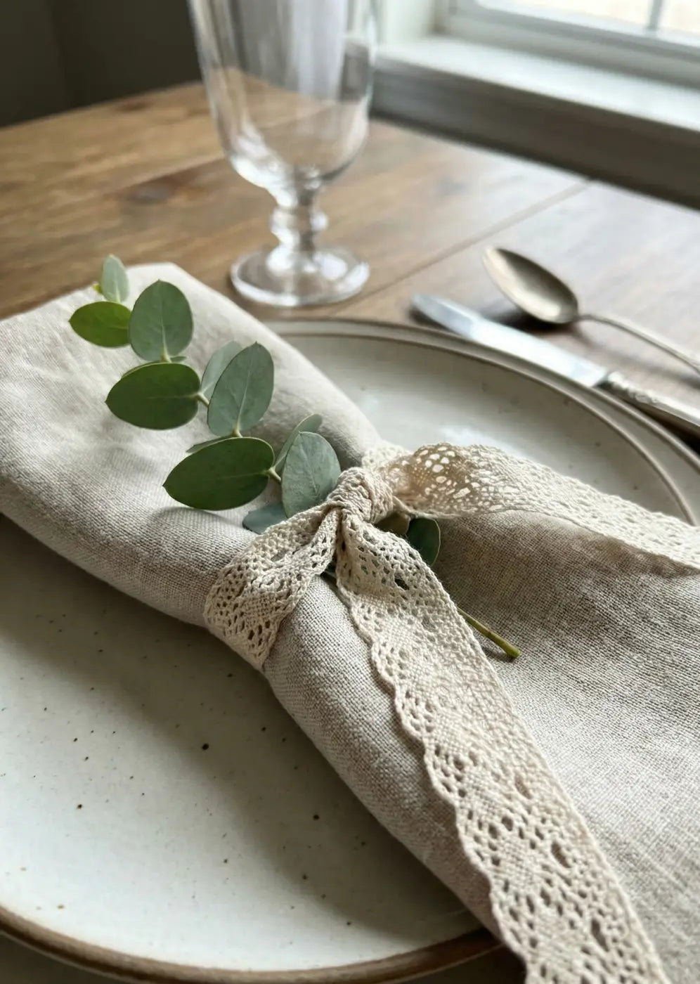 Bege renda ponto fino algodão puro 100% com laço e folhas de eucalipto para decoração elegante
